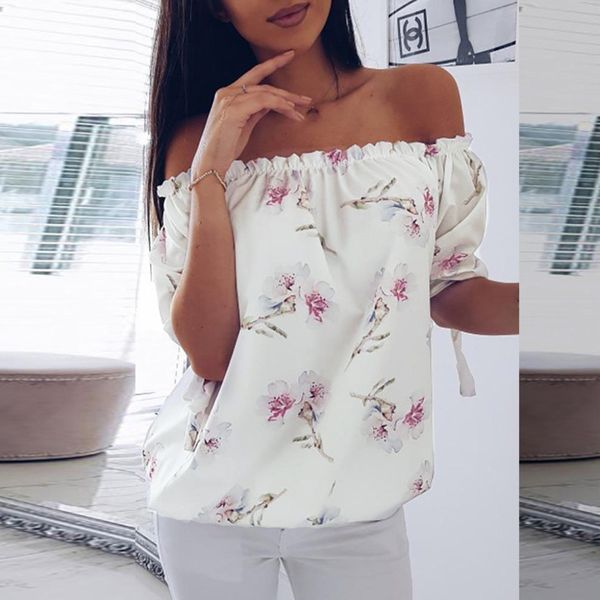 

camisas mujer cold shoulder print floral women blouses ladies shirts slash neck loose leisure vintage short casual l*5, White