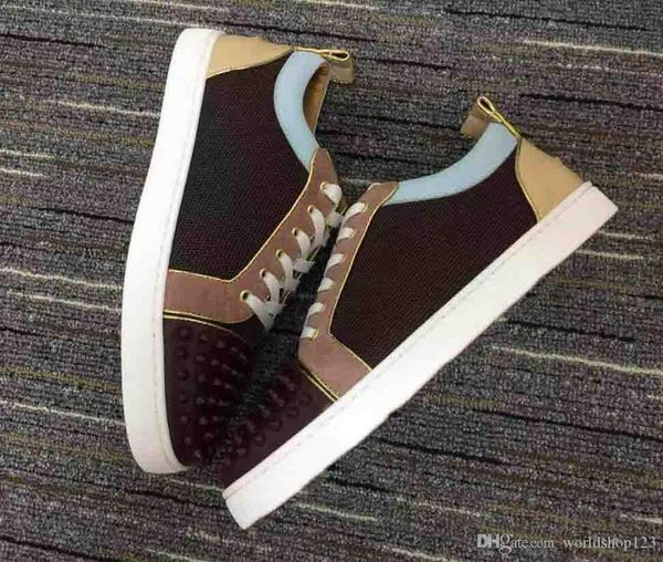 

italy brand designer suede mesh spiked red bottom casual shoes women men shoes junior studs men flat shoes,fashion lace-up skate trainers, Black