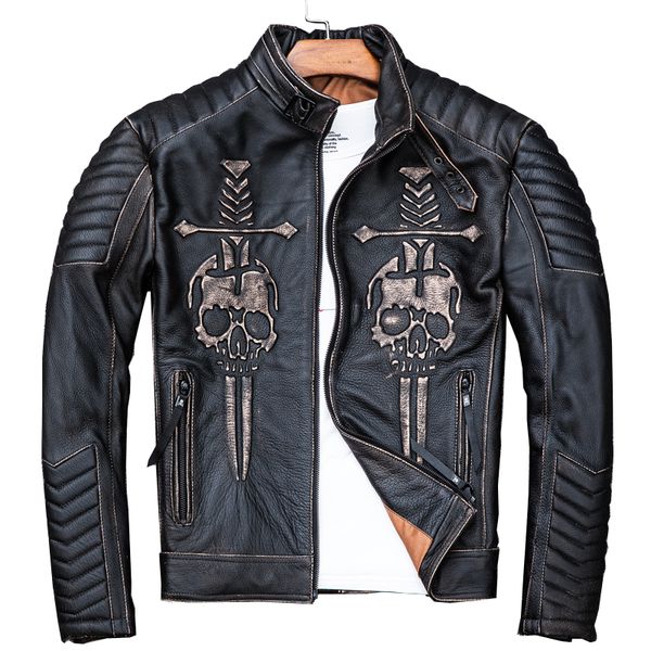 

2019 vintage black men skulls biker's leather jacket plus size 4xl genuine thick cowhide slim fit motorcycle coat ing
