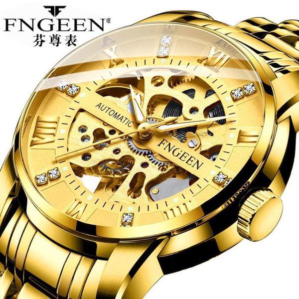 

gold mechanical watches fully self winding automatic wrist watch fahsion skeleton diamond dial watches for men, Slivery;brown