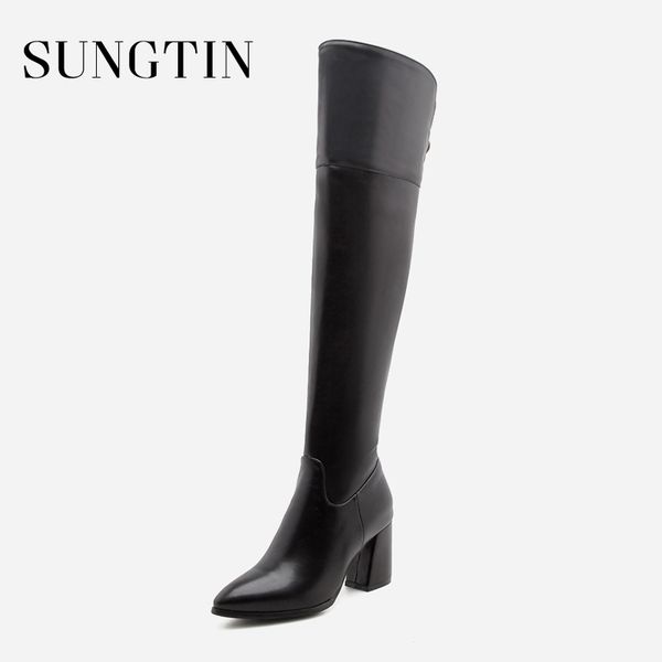 

sungtin high heel pu leather thigh high boots women autumn winter warm over the knee boots solid black long plus size 47