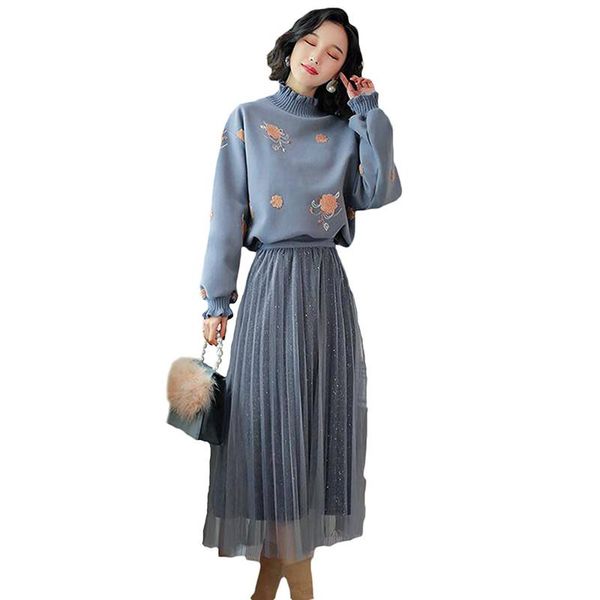 

women embroidery lantern sleeve wool knit sweater+mesh skirts suits solid vintage pleated skirt sets for elegant women j129, White