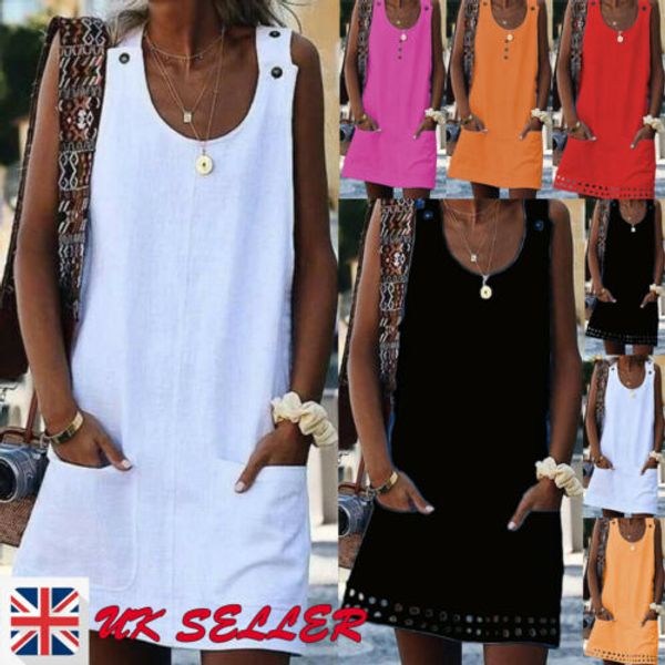 

fashion loose dress women lady o-neck sleeveless cotton linen dress button pockets summer lady girl shirt mini, Black;gray