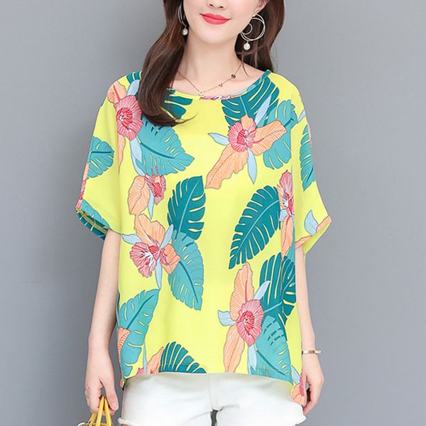 

2019 women's blouse summer short sleeve neck fashionable printing short sleeve chiffon blouse shirt stylish female clothes 675, White