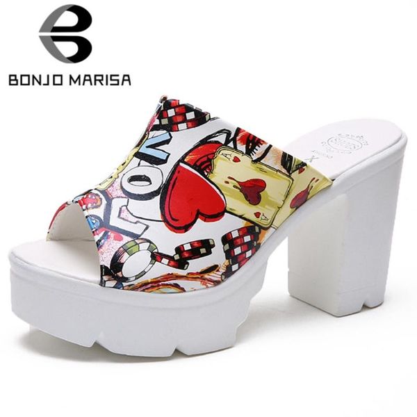 

bonjomarisa female summer graffiti open toe block heel pumps women fashion leisure shoes woman, Black