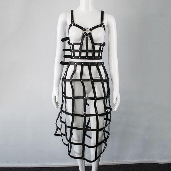 

2 pieces set leather harness female skirt bra cage hollow out dresses fashion black women belts rave party fetish clothing, Black;brown