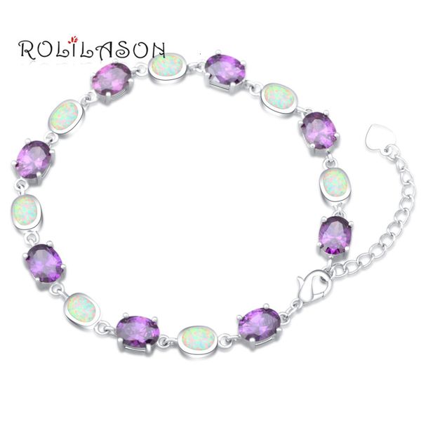 

rolilason brand design anniversary white created fire opal silver stamped charm bracelets for women precious pulseras ob076, Golden;silver