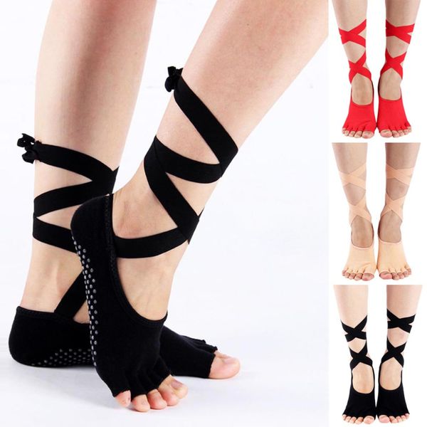 

women solid dance sport yoga pilates non skid grips lace-up ballet short socks yoga sokken sports fitness sock d401, Black