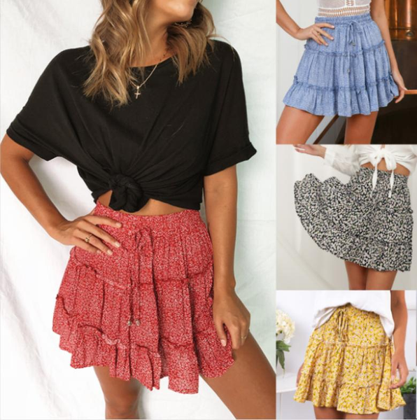 

multi dot print short mini skirts women summer ruffle high waist tie skirt ladies printed beach skirt bottoms plus size 3xl, Black