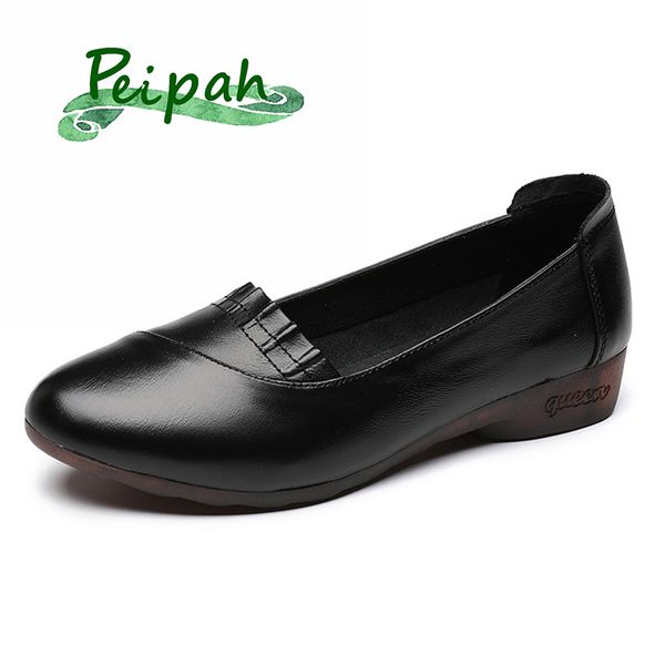 

peipah genuine leather shallow mothers'shoes woman slip on mary janes ladies flats solid casual women footwear 2020 new shoes, Black