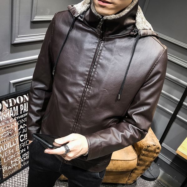 

men's fur & faux hooded jacket thickening cotton imitate leather loose coat 2021 winter clothes male men jaqueta masculina couro, Black