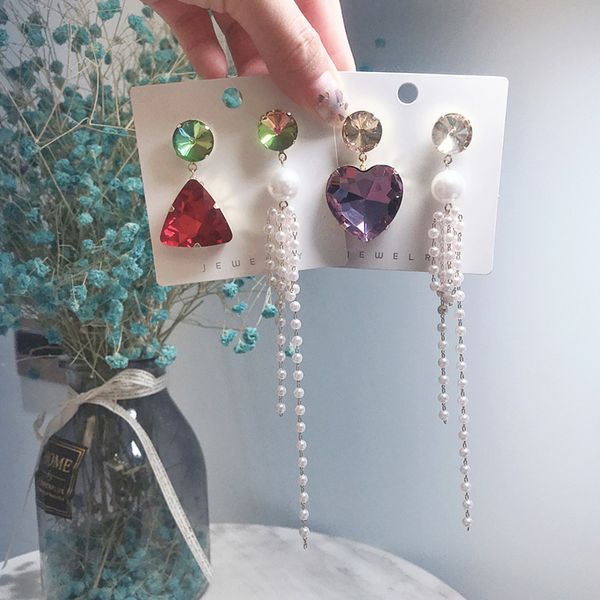 

2019 korean fashion asymmetric colorful crystal charm earrings ladies long pearl tassel pendant earrings pendientes jewelry, Golden