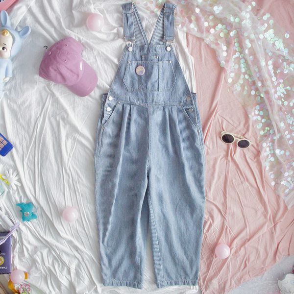 

harajuku striped denim jumpsuit women romper teenage girl kawaii loose jeans strap long pants korean cute ladies casual overalls, Black;white