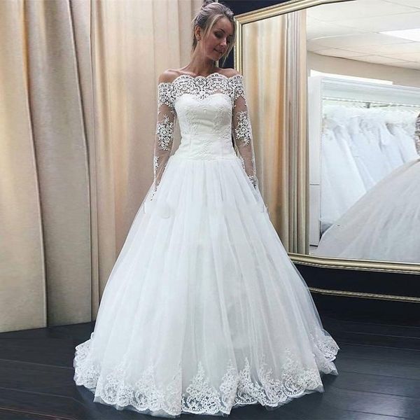 

Long Sleeves Ball Gown Wedding Dresses Off Shoulder Lace Tulle Wedding Dresses Floor Length Elegant Bridal Dress