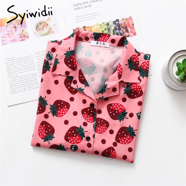 

стиль женщин пляж блузок 2019 лето клубники печати розовые рубашки блузка с коротким рукавом v шеи рубашки случайный отпуск мило блузку, White