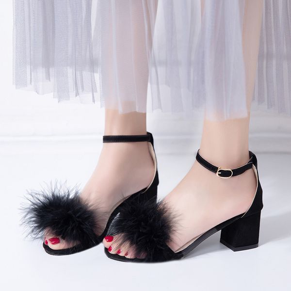 

women sandals summer new sweet fur buckle zapatos mujer sweet flat toe wedge floral straps square high heels shoes, Black