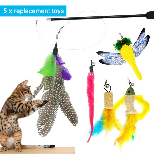 

5pcs cute cat toy interactive kitten scratching teaser wand fish feather cat scratcher toys flexible wands with replacement head