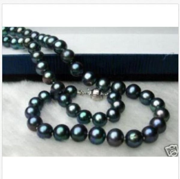 

18"9-10mm tahitian black green genuine round pearl necklace 14k 785aaa, Silver