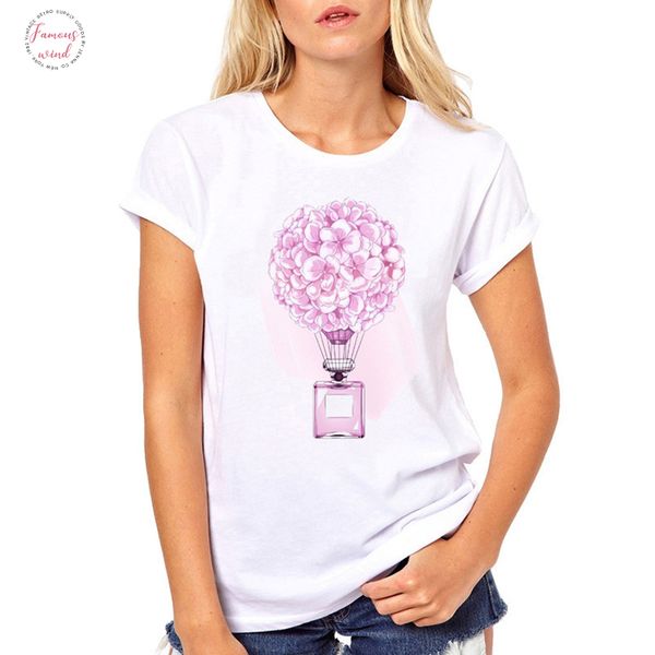 

summer female t shirt casual lady tees fashion t shirt women flower perfume printed tees, White