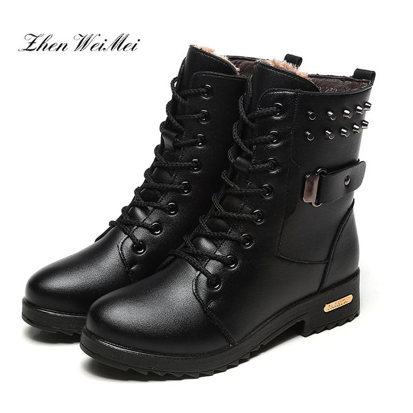 

new shoes woman lace-up sneakers winter plush long hair shoes casual women casual motorcycle pu boots snow boots, Black