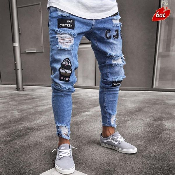 

men distressed ripped jeans knee holes casual skinny jeans pants high waist solid denim pencil hip hop biker o8r2, Blue