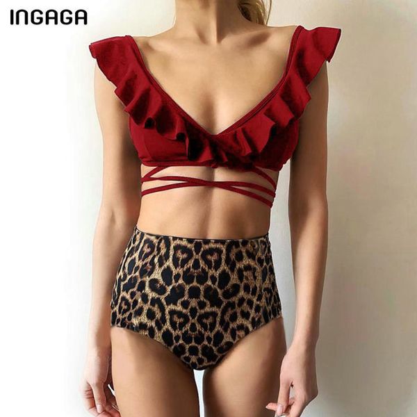 

ingaga high waist bikinis 2020 swimsuit female ruffle swimwear women new leopard biquini cross bandage bathers bathing suit, White;black