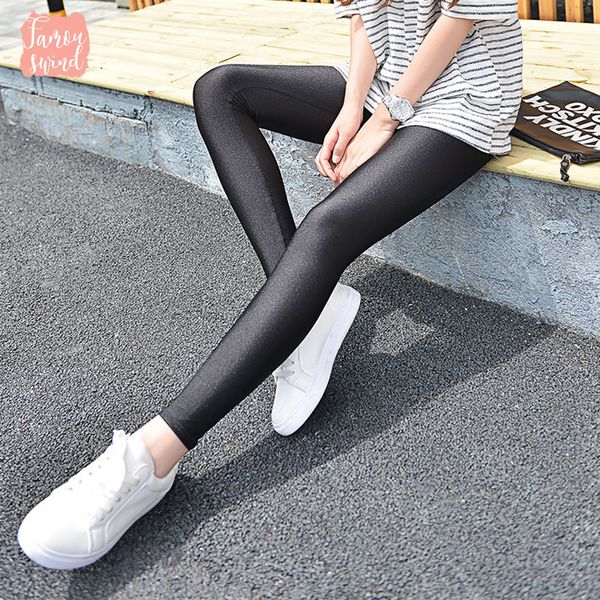 

весенняя мода осень женщины леггинсы глянцевая нейлон высокого поножи эластичная стовепайп брюки леггинсы брюки шлифе хорошее качество, Black