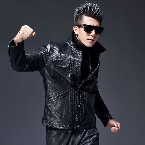 

mens rivet fashion moto biker leather jacket clothing leather sheepskin slim fit coats male zippers long sleeve natural, Black