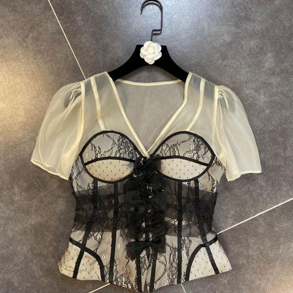 

crop for women 2020 summer v-neck perspective spell mesh short sleeve lace shirt stereoscopic breast pad retro shirt t, White