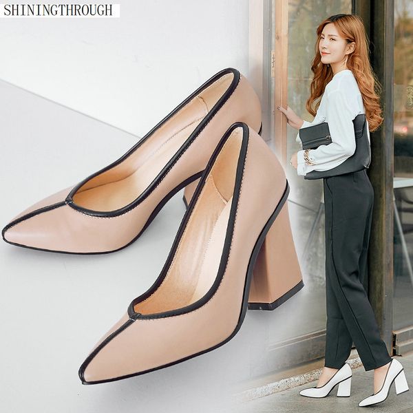 

sweet female genuine leather office shoes women spring summer square heeled dress party shoes lady pumps shoes, Black