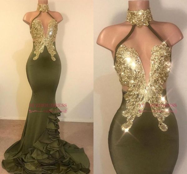

2019 Real Photos Halter Satin Long Mermaid Prom Dresses Black Girls Lace Applique Beaded Layered Ruffles Sweep Train Evening Gowns
