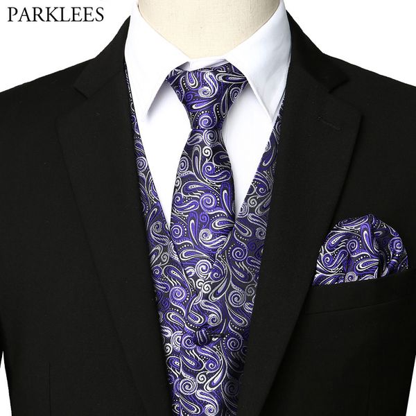 

fashion jacquard waistcoat vest men slim fit 3pcs vest necktie handkerchief set 2019 new paisley tuxedo for wedding, Black;white