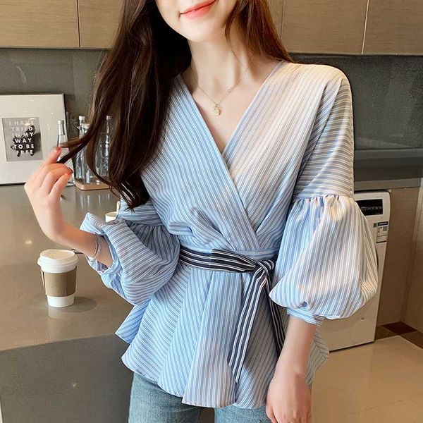 

blusa lantern sleeve 2020 new style blue striped blouses shirt women's v-neck loose pullover shirt bow womens clothing 673g, White