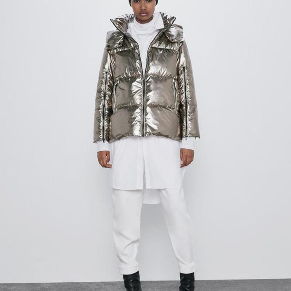 

новых зимней мода женского хлопок ватник шампанское металлического цвета сплит рукав пухлого хлопок пальто outwear для женщин, Black