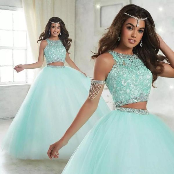 

new two piece lace ball quinceanera dresses 2019 crew neck floor length long appliques lace sweet 16 prom dresses with zipper back, Blue;red