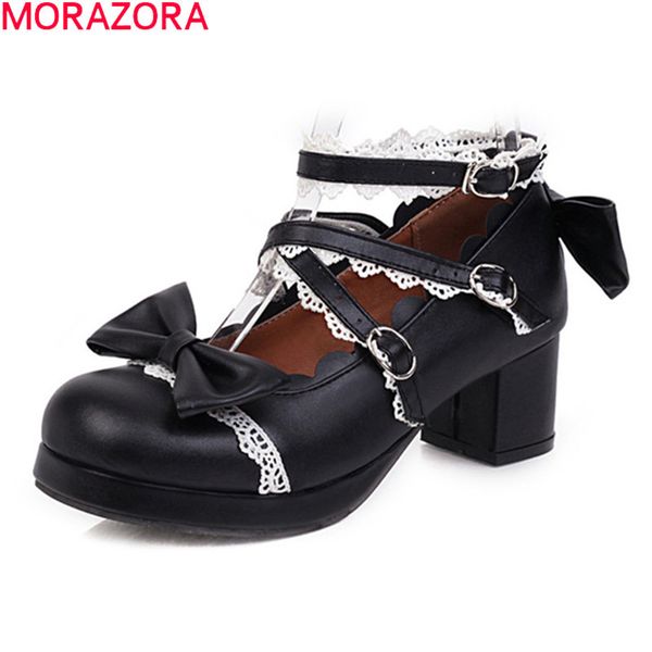

morazora big size 34-48 fashion sweet women shoes thick heels square toe buckle women pumps summer shallow party shoes, Black