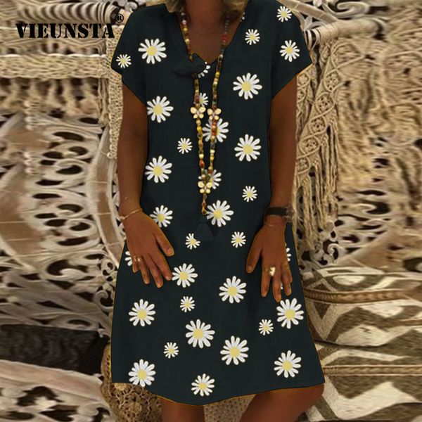 

party dresses daisy polka dots print summer dress women plus size v-neck vintage female short sleeve loose a-line vestidos, White;black