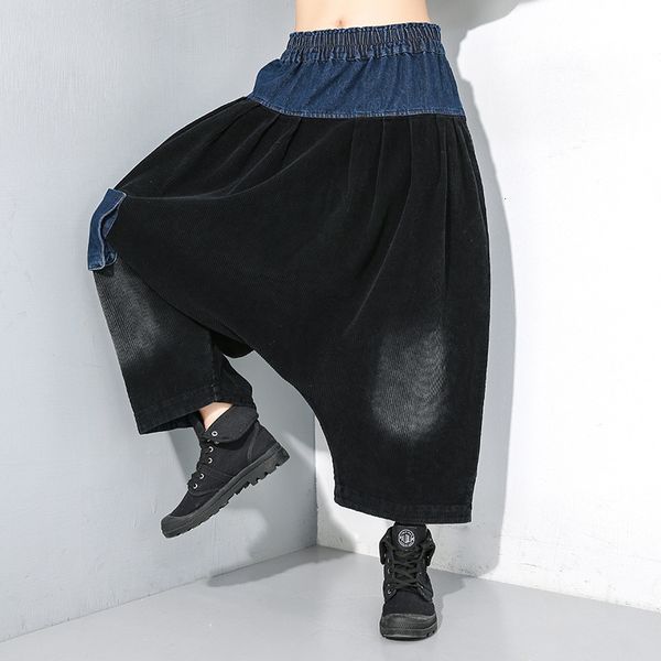 

girl 2019 winter new corduroy spell denim elastic waist pocket loose thickening hit color harem pants women pc057, Black;white