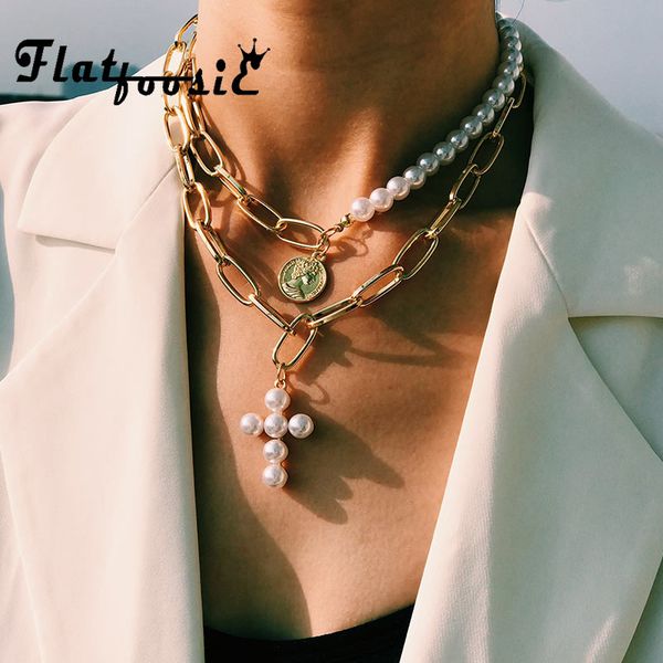 

flatfoosie new pearl cross choker necklace women fashion multi-layer chian gold coin pendant necklaces 2019 female jewelry gifts, Silver