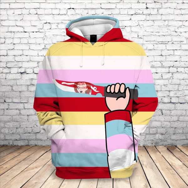 

new 2019 casual men striped hoodies customize funny chucky 3d printed couples hoodies fashion pullovers drop shipping, Black