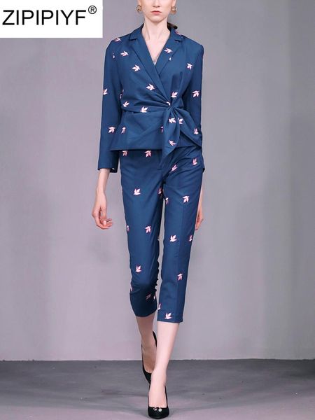 

new autumn fashion 2018 designer runway suit set women's streetwear printed blazer & mid-length pants suits c2588, Gray