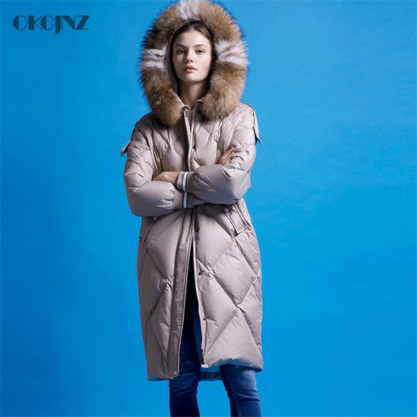 

2018 autumn winter new 90% white duck down warm down jacket female loose hooded long raccoon fur collar coat women yy143, Black