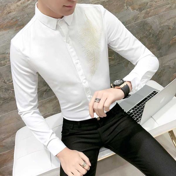 

korean men shirt fashion print spring slim fit long sleeve mens japanese streetwear men casual shirt 50cs028, White;black