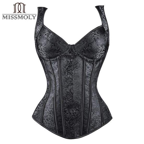 

miss moly gothic steampunk bustier corset s-6xl women brocade lace up zipper overbust slimming basque waist trainer corsets, Black;white