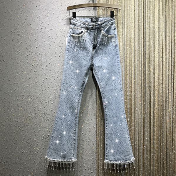 

hand-made diamond beads tassels flare jeans women's 2020 spring new elasticity slim fit denim pants long jeans trousers, Blue