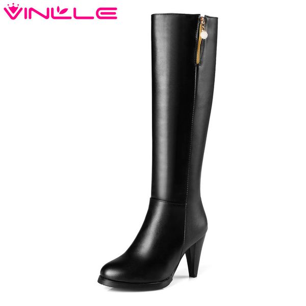 

vinlle 2018 women boots elegant knee high boot thin high heel pointed toe princess style ladies motorcycle shoes size 34-43, Black