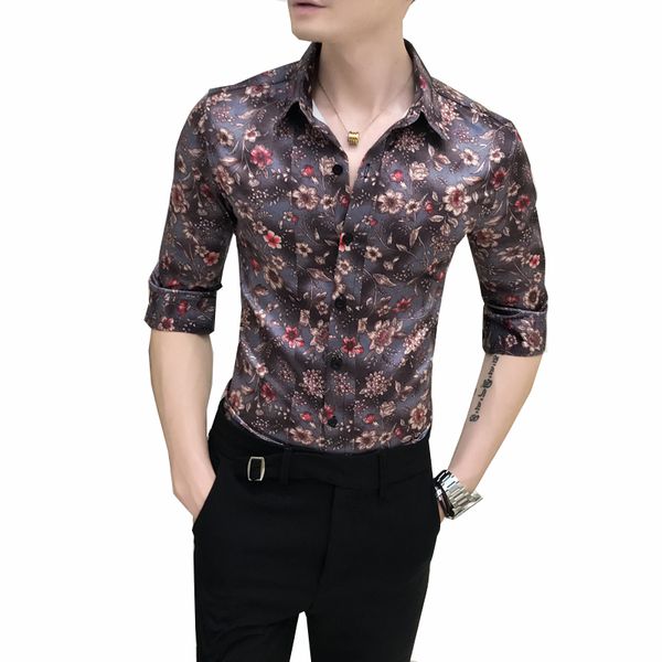 

hair stylist men's retro flower shirt personality trend japanese korean version of the self-cultivation seven-point sleeve shirt, White;black