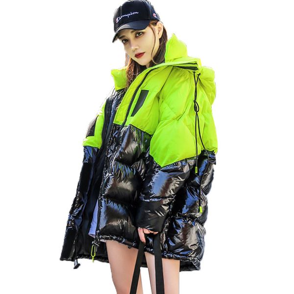 

oversized winter down jacket women hit color splice long outerwear 2019 new series warm womens winter cotton-padded parka 175, Black