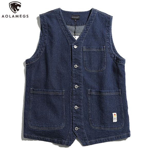 

aolamegs retro vest men denim wavy japanese cargo coats simple harajuku tank streetwear multi-pocket sleeveless waistcoat, Black;white