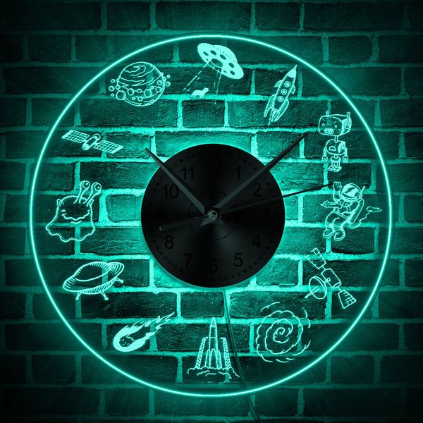 

universe space led lighted wall clock astronaut alien nursery kid room wall art clock spaceman rocket ufo hanging light